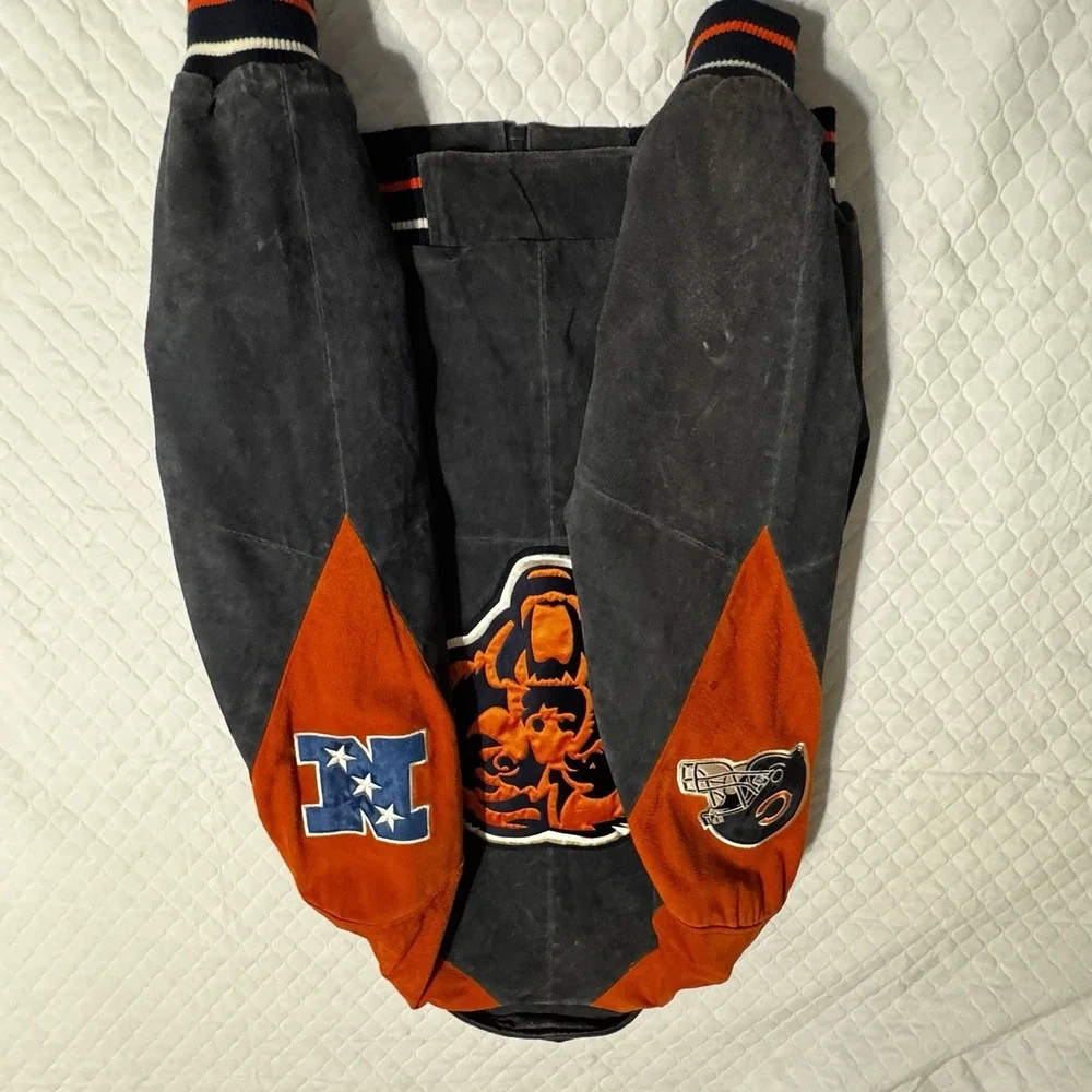 NFL Chicago Bears Mens Sz L Suede Bomber Jacket SUPERBOWL Vtg 90s Patch Blue - Picture 5 of 14